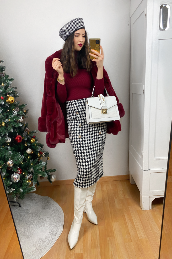 Dark Red Sweater and Houndstooth Skirt