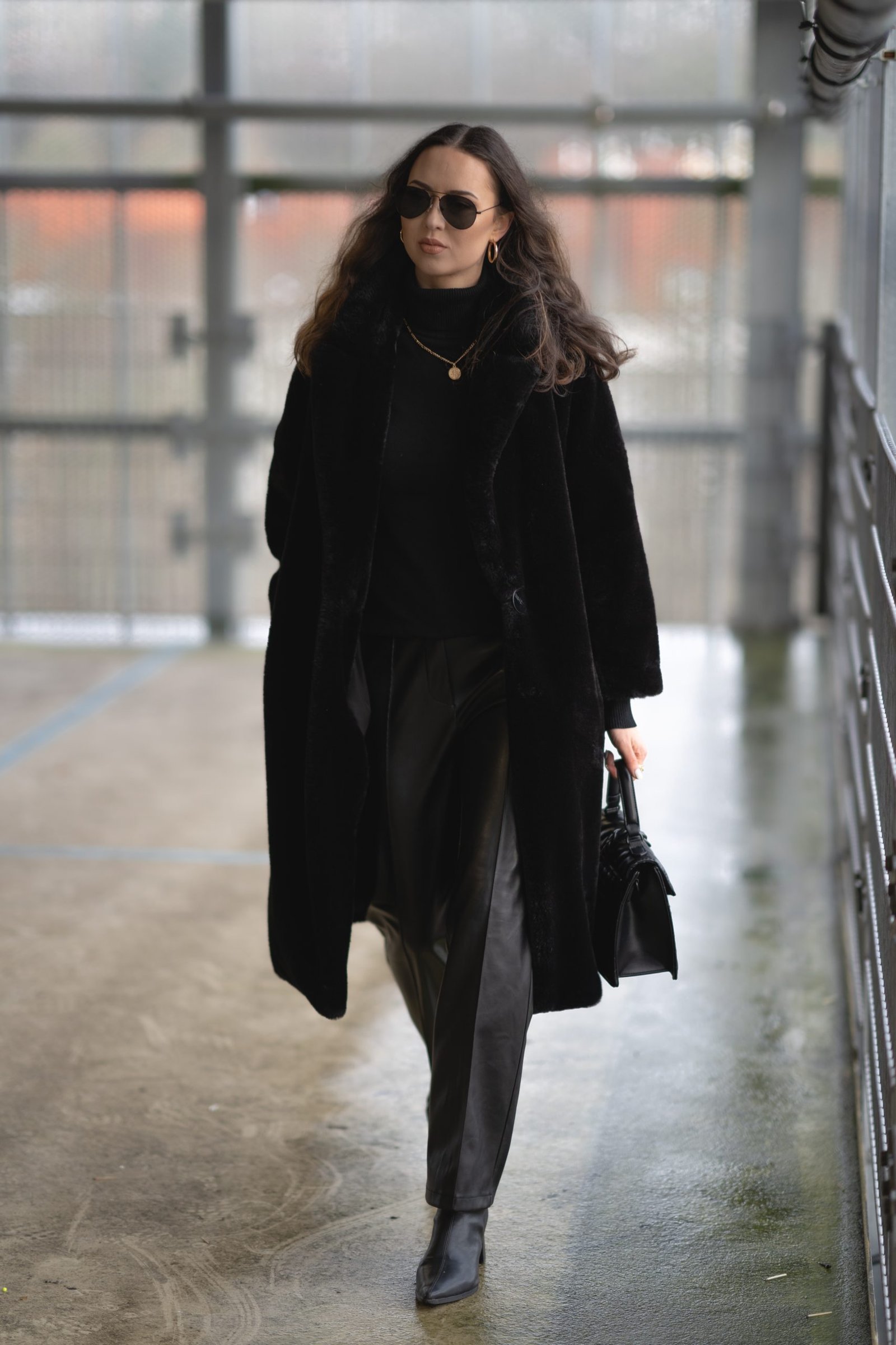 Black Faux Fur Coat and Leather Pants Outfit - jpeg
