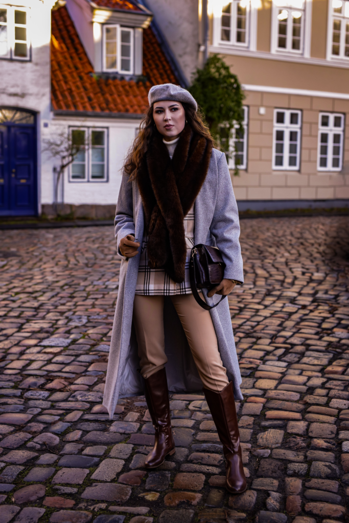 Old Money Outfit Gray Wool Coat Beige Plaid Blazer and Brown Riding Boots
