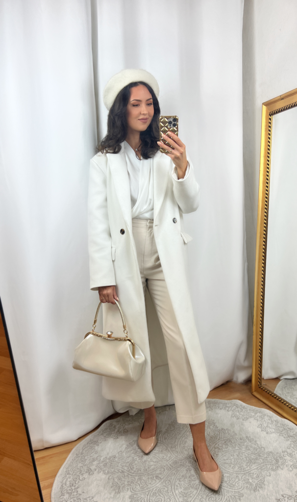 White Blouse Outfit with Beige Dress Pants