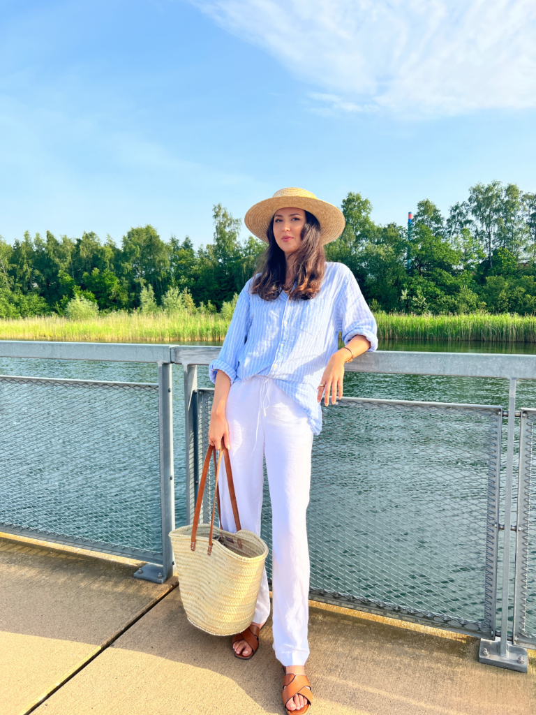White Linen Pants Outfit with Blue Linen Shirt