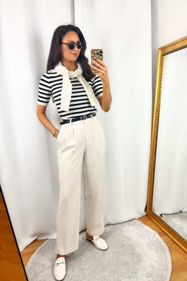 White Striped Shirt Outfit with Short Sleeves