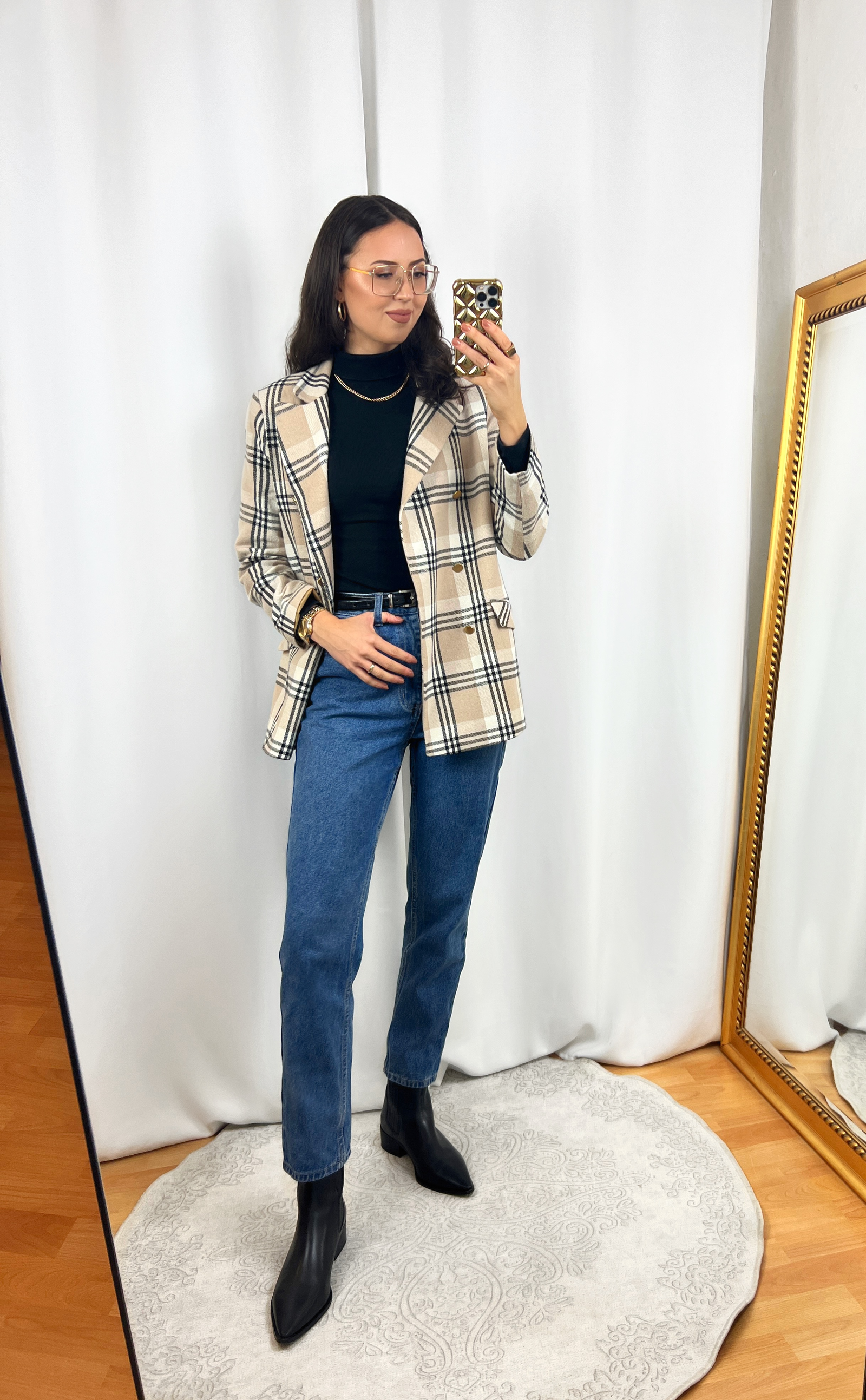 Plaid Blazer and Jeans Outfit