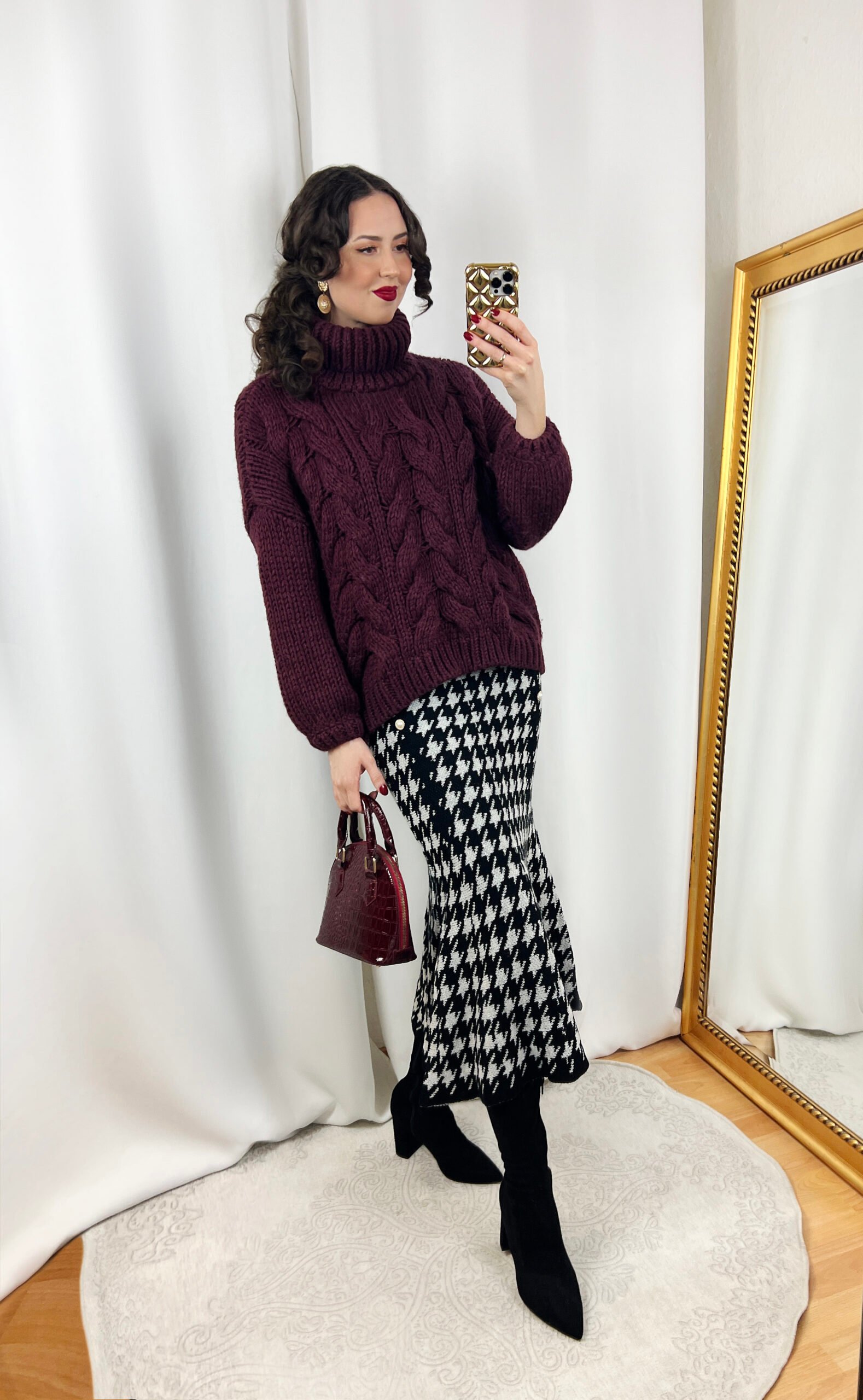 Burgundy Red Sweater Outfit with Houndstooth Skirt