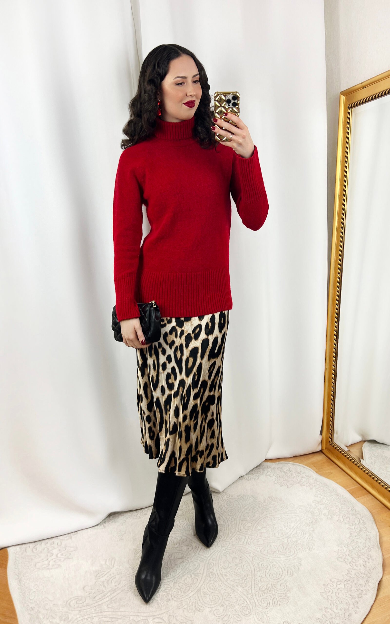 Leopard Skirt Outfit with Red Sweater