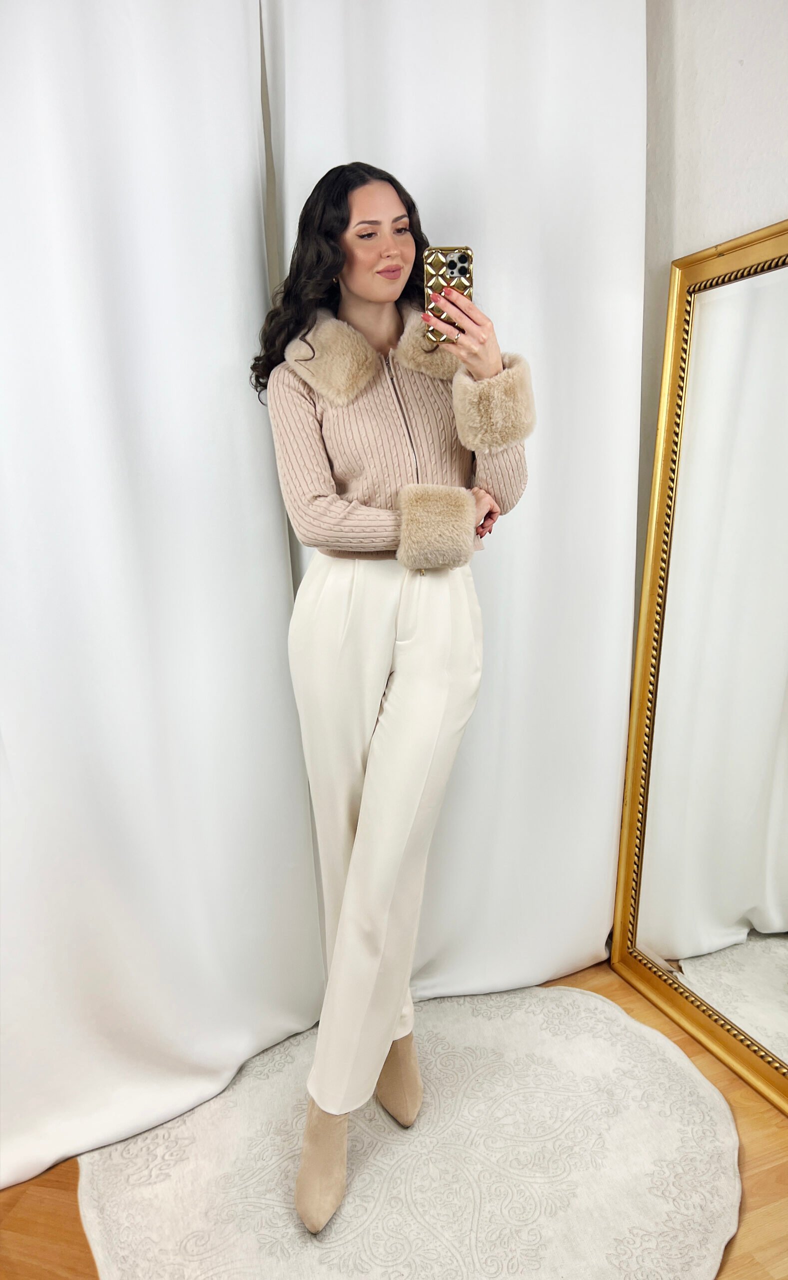 Beige Fur Trim Top Outfit