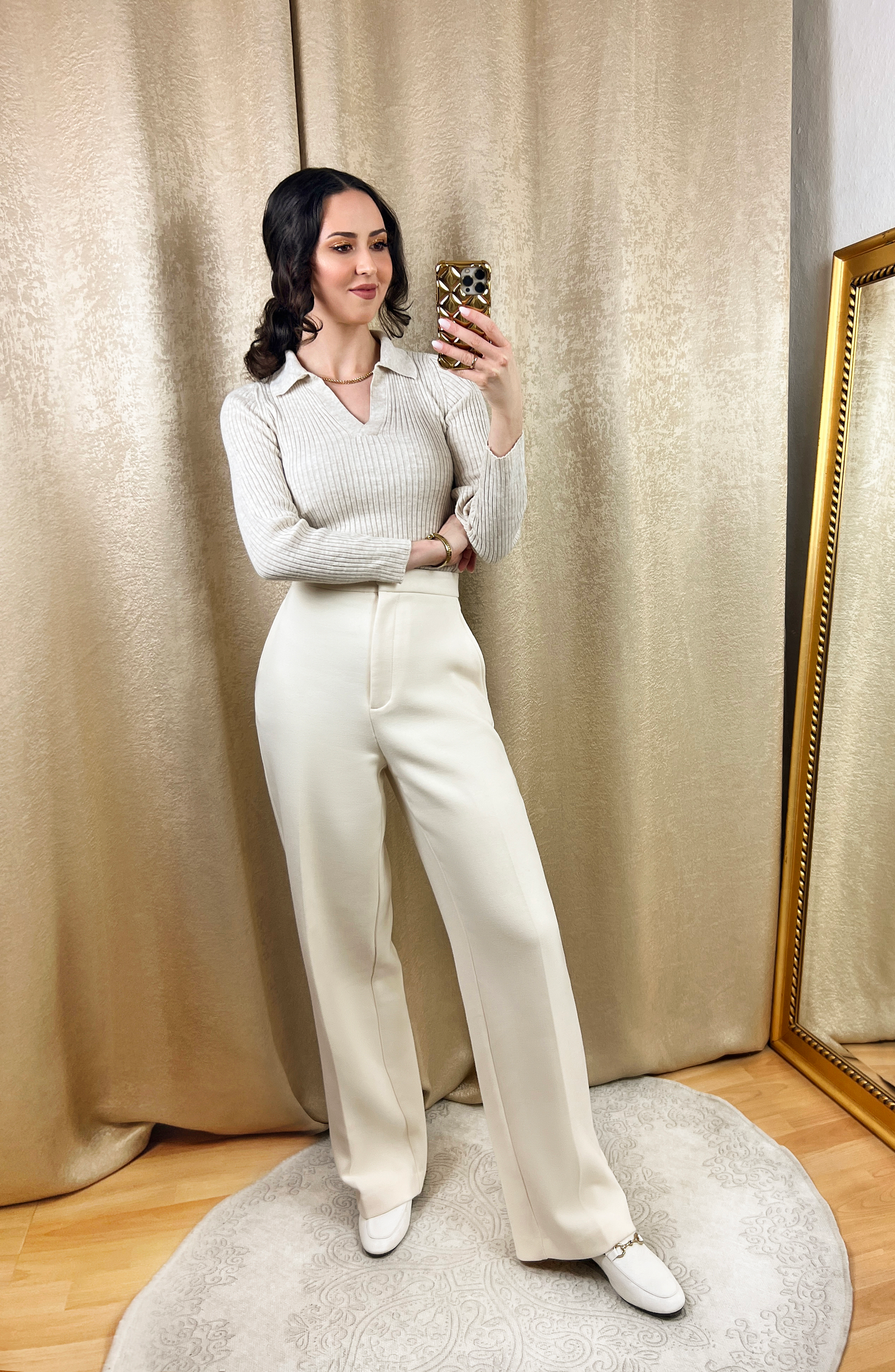 Beige Polo Shirt Outfit with Cream Pants